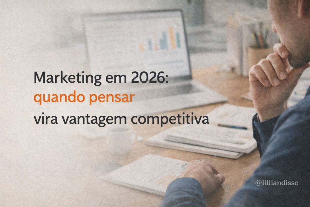 Ilustração conceitual sobre marketing em 2026 com inteligência artificial, algoritmos e comportamento humano em contraste, representando o novo cenário do marketing digital.